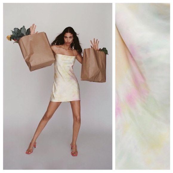 Zara Printed Watercolor Satin Tie Dye Mini Cowl Neck Dress Cream Pink XS NWT - Picture 2 of 16